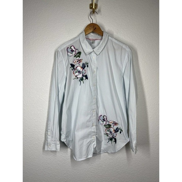 Joules Laurel Embroidered Button Down Top Women’s 12 Striped Long Sleeves - Picture 1 of 6